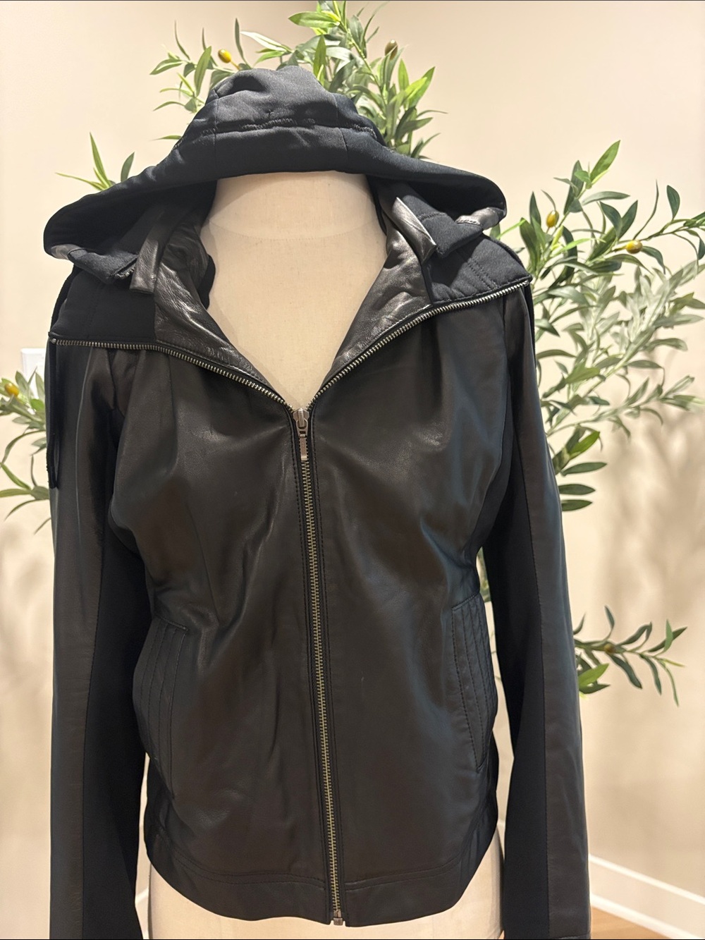 Athleta Black Hooded Leather-Front Jacket size M